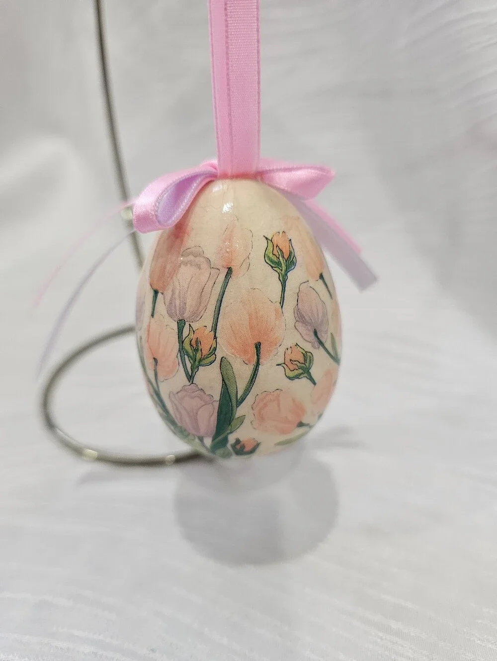 Vintage Pink Paper Mache Floral Easter Egg Ornament with Ribbon